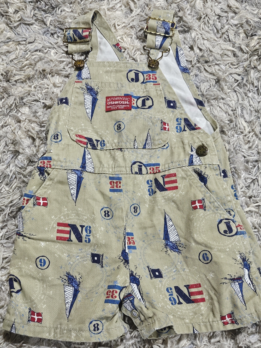 OshKosh B'gosh Khaki Nautical Print Short Overalls with Red & Navy Accents